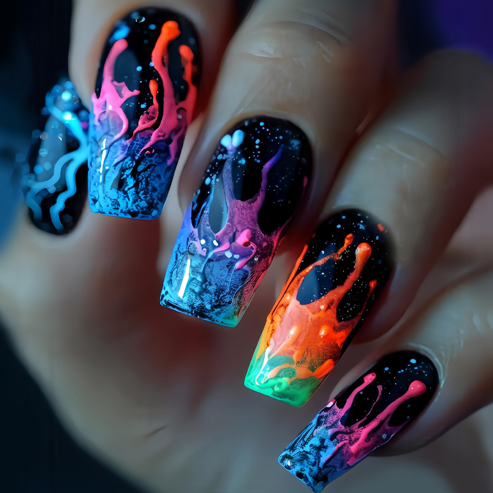 Nail Art Orange - Uñas postizas medianas para mujeres y