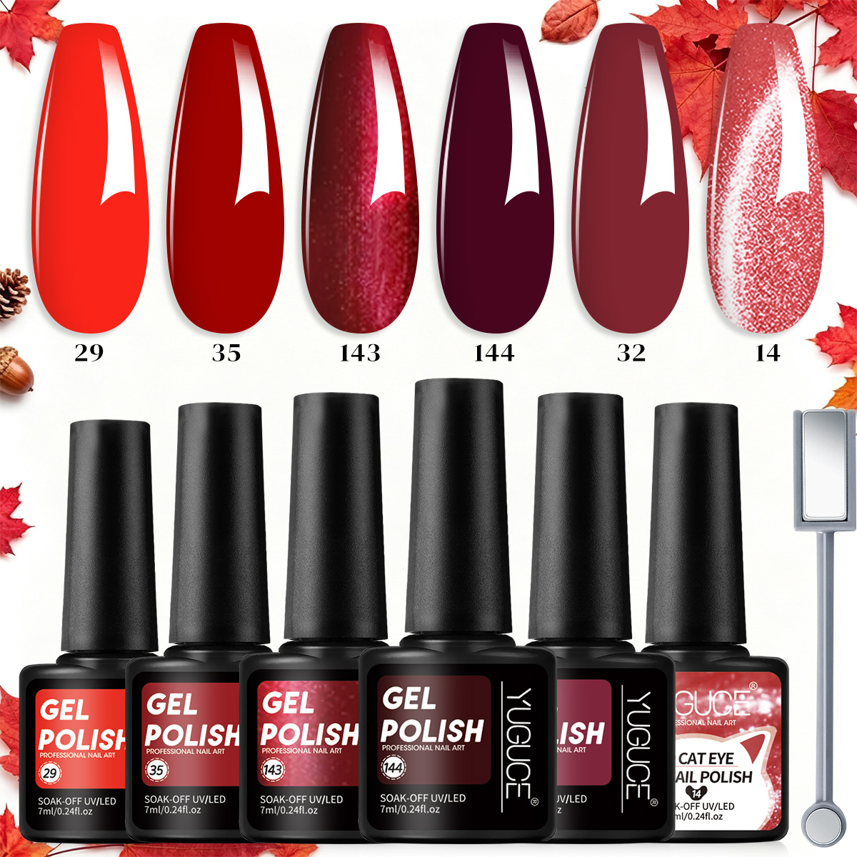 Nail Art Red Wine Cat Eye - Set de 7 esmaltes de uñas