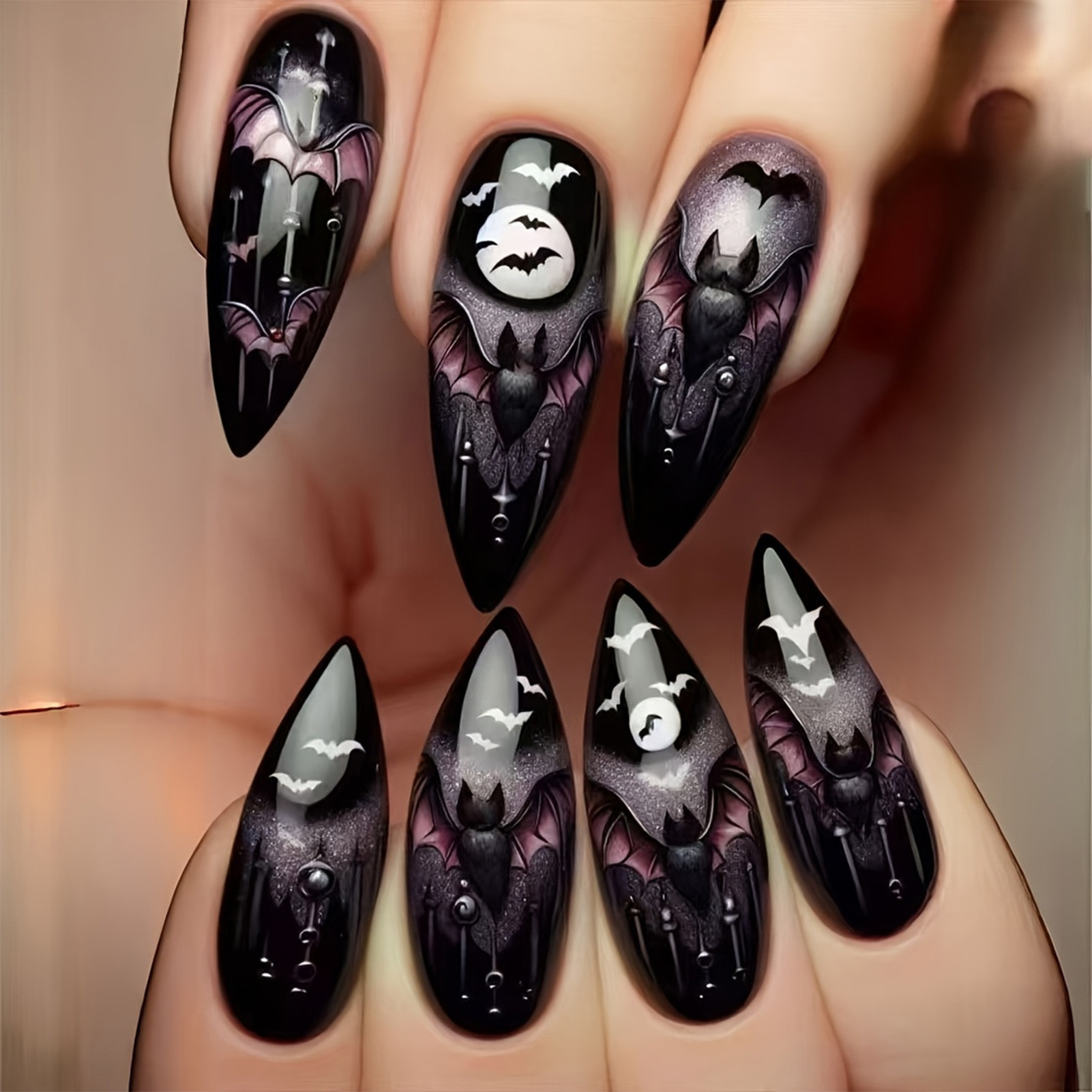 Nail Art Aesthetic - 24 Uñas Postizas de Halloween, Negras,